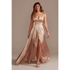 GALINA SIGNATURE Charmeuse Tank V-Neck Dress with Slit Sand Size 10 Bridesmaid